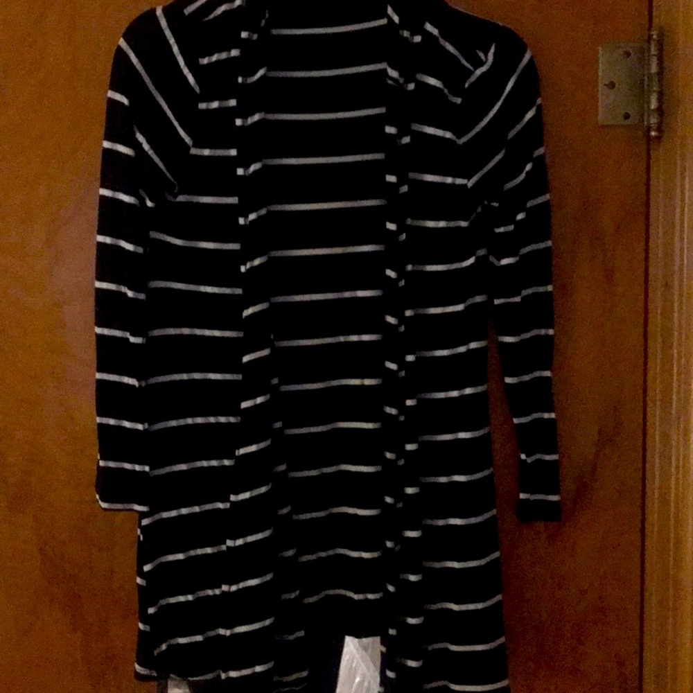 Black white stripe cardigan with hoodie